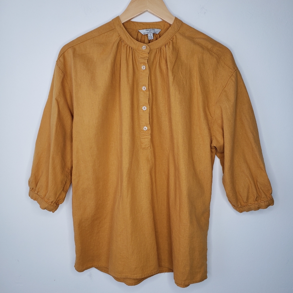 Hester & Orchard Popover Linen Blend Top Size S Yellow Modest Lagenlook Granola